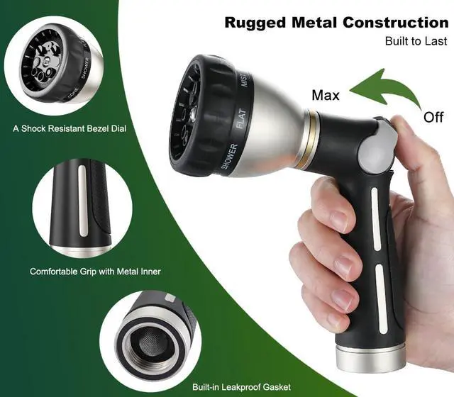 Alt view image 3 of 6 - Garden Hose Nozzle 100% Heavy Duty Metal, Water Hose Sprayer High Pressure with 8 Spray Patterns, Thumb Control, On Off Valve for Garden Watering, Car and Pet Washing