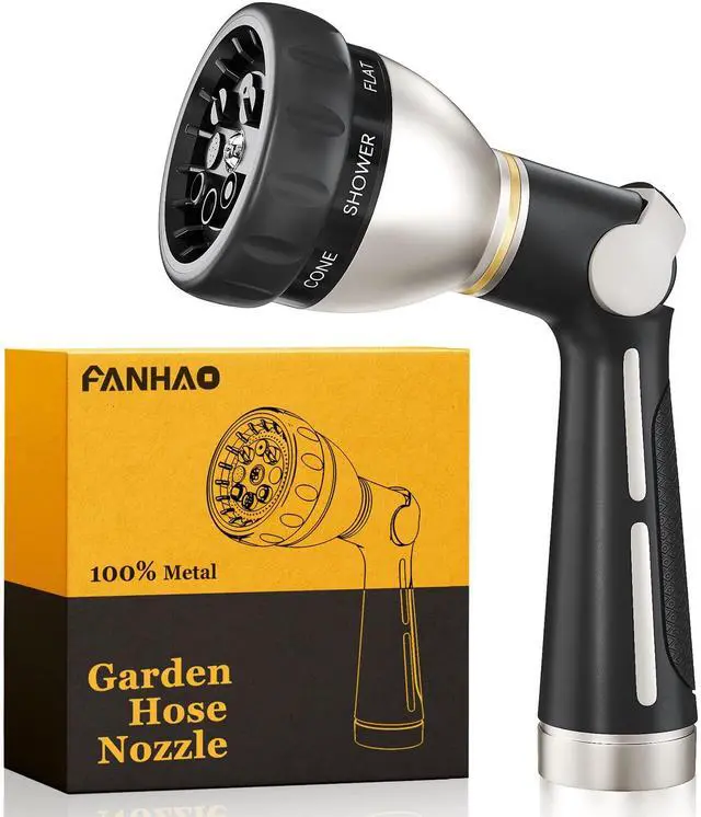 Main image of Garden Hose Nozzle 100% Heavy Duty Metal, Water Hose Sprayer High Pressure with 8 Spray Patterns, Thumb Control, On Off Valve for Garden Watering, Car and Pet Washing