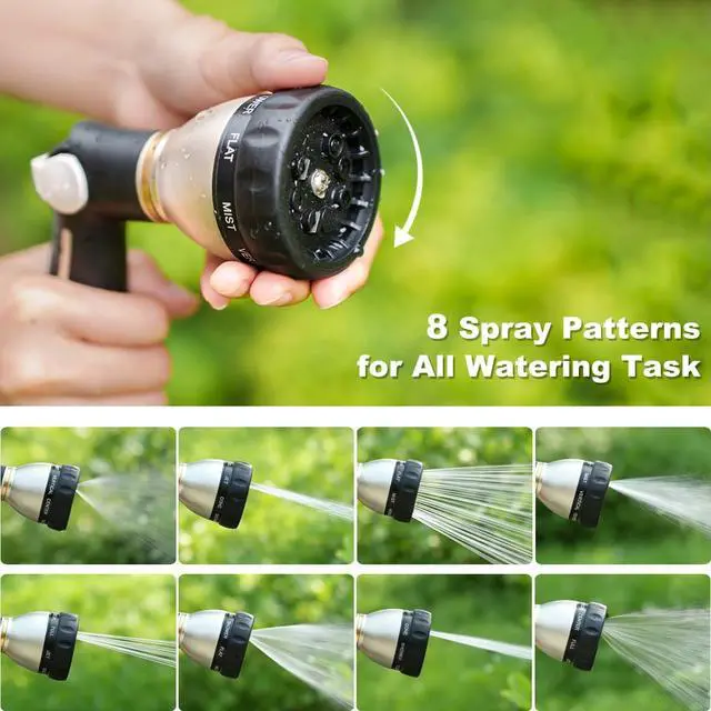 Alt view image 4 of 6 - Garden Hose Nozzle 100% Heavy Duty Metal, Water Hose Sprayer High Pressure with 8 Spray Patterns, Thumb Control, On Off Valve for Garden Watering, Car and Pet Washing