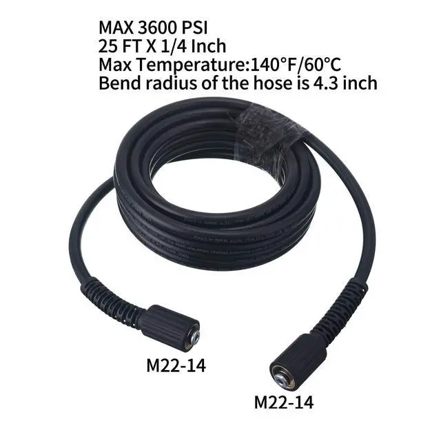 Alt view image 2 of 7 - High Pressure Washer Hose, 25 FT X 1/4 Inch, 3600 PSI, M22 14mm, Replacement Power Washer Hose for Most Brands