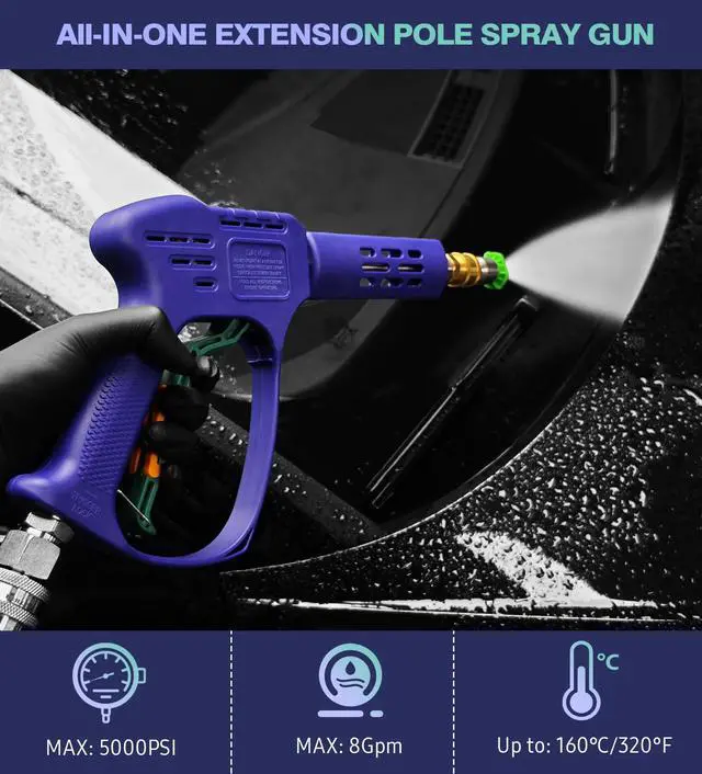 Alt view image 7 of 7 - High Pressure Washer Gun with 3/8" Quick Connect and M22 14mm / 15mm Fitting, Pressure Washer Wands with 5 Nozzles Tips, Power Washer Gun for Car Wash (5000PSI, 8 GPM)