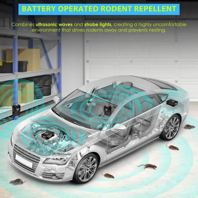 Alt view image 2 of 7 - Ultrasonic Rodent Repellent for Car Engine Battery Powered Under Hood Mouse Repeller with Flashing Strobe Light, Keeps Rats and Mice Away from Vehicle, Automobile, Truck, Garage, Attic, Barn, Shed