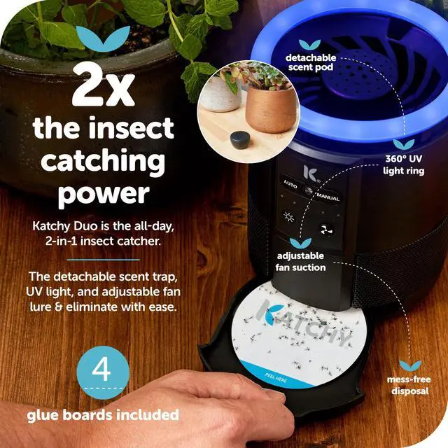 Alt view image 2 of 7 - Duo Indoor Flying Insect Trap with Scent Pod Day & Night Effective Mosquito, Fruit Fly, Gnat & Small Moth Catcher Non-Zapper Trap with Blue UV Light & Fan Suction (Black)