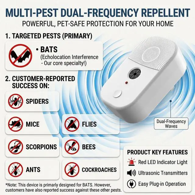 Alt view image 4 of 7 - 2026 Upgraded 4 Pack Ultrasonic Bat Repellent for Attic,Plug in Bat Deterrent System for Indoor & Outdoor Use,Safe Bat Repellent Deterrent Devices to Keep Bats Away from Home,Human & Pet Friendly