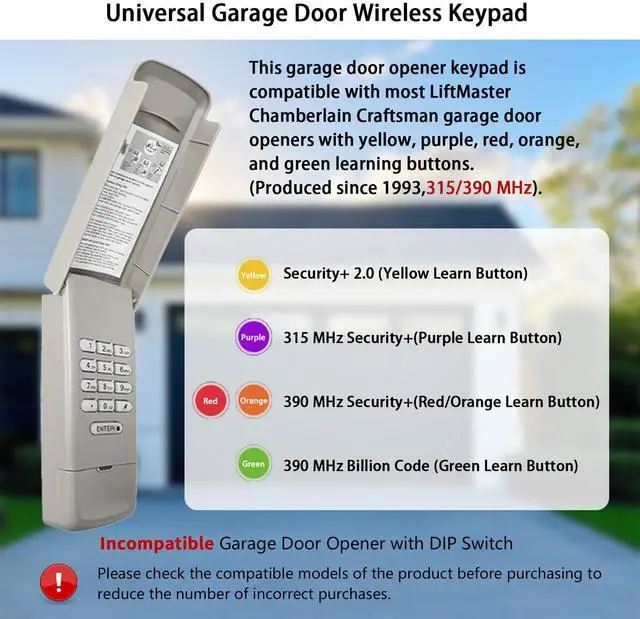 Alt view image 2 of 7 - Garage Door Opener Keypad Replacement for Liftmaster Chamberlain Craftsman Garage Door Keypad Wireless Keyless Entry with 315/390 MHZ Learn Button Since 1993