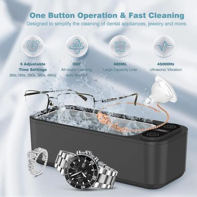 Alt view image 2 of 7 - Ultrasonic Jewelry Cleaner Retainer Rings Dentures 23OZ (680ML) 360° Deep Cleaning 45KHz Professional Ultrasonic Glasses Cleaner with 5 Digital Timer and Watches Stand 304 Stainless Steel Tank