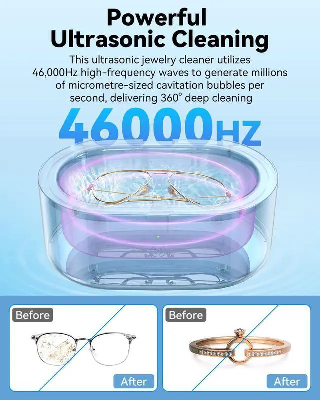 Alt view image 3 of 6 - Ultrasonic Jewelry Cleaner, 46KHz Professional Ultrasonic Cleaning Machine for Rings, Eyeglasses, Retainers, Dentures & Watches, 20oz Stainless Steel Sonic Jewelry Cleaner Pod