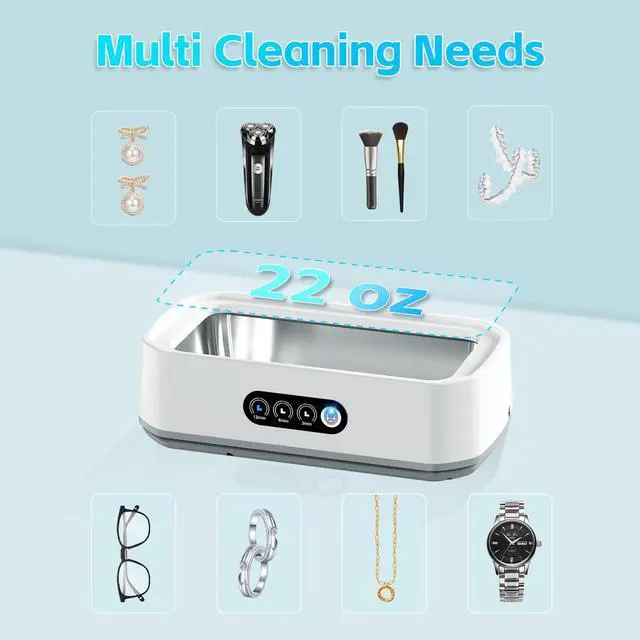Alt view image 3 of 7 - Ultrasonic Jewelry Cleaner, 50kHz Professional Portable Jewelry Cleaner Ultrasonic Machine with 3 Timer Modes, 22 oz Ultrasonic Cleaner for Eyeglasses,Rings,Watch Straps,304 Stainless Steel Water Tank