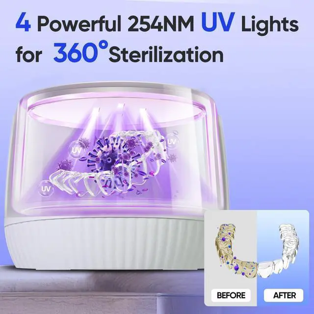 Alt view image 3 of 7 - Dental Ultrasonic Retainer Cleaner Machine- 45kHz UV Denture Cleaner with 200ML Capacity for Aligner, Braces, Mouth Guard, Night Guard, Portable Dental Cleaning Pod with Digital Timer (White)