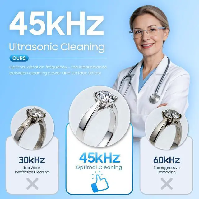 Alt view image 2 of 7 - Ultrasonic Jewelry Cleaner Machine with 2×100ml Cleaning Solution, 45kHz Sonic Cleaner for Rings, Glasses & Watch Band, 550ML Stainless Steel Tank, 5 Timer, 3 Power Levels, Degas Mode-Gray