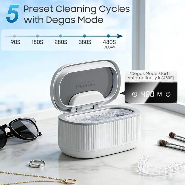 Alt view image 5 of 7 - Ultrasonic Jewelry Cleaner Machine with 2×100ml Cleaning Solution, 45kHz Sonic Cleaner for Rings, Glasses & Watch Band, 550ML Stainless Steel Tank, 5 Timer, 3 Power Levels, Degas Mode-Gray