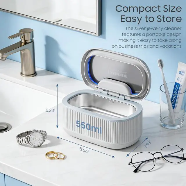 Alt view image 7 of 7 - Ultrasonic Jewelry Cleaner Machine with 2×100ml Cleaning Solution, 45kHz Sonic Cleaner for Rings, Glasses & Watch Band, 550ML Stainless Steel Tank, 5 Timer, 3 Power Levels, Degas Mode-Gray