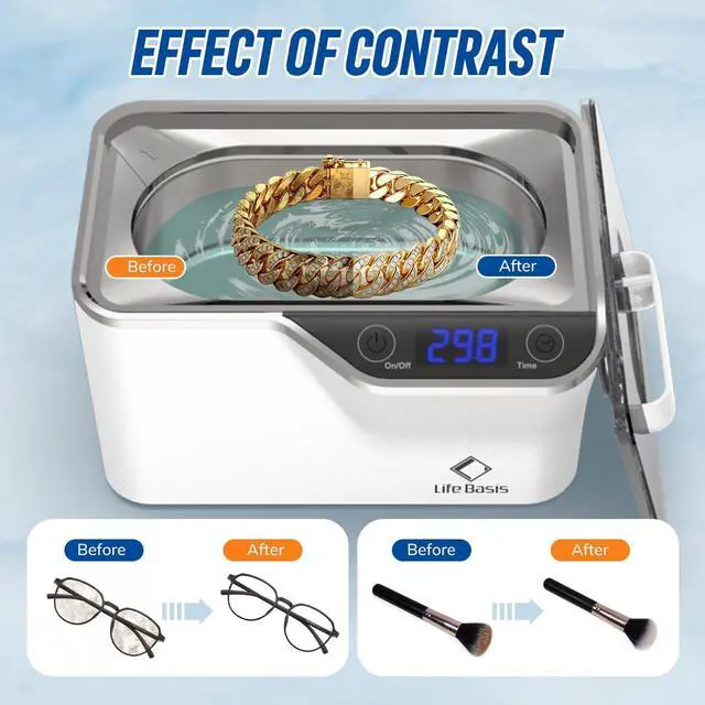 Alt view image 3 of 7 - Ultrasonic Jewelry Cleaner, Professional 45kHz Ultrasonic Cleaner Machine 20 Ounces (600ML) with Digital Timer, Watch Holder Ultrasonic Glasses Cleaner for Ring, Coin, Watch, Denture -White
