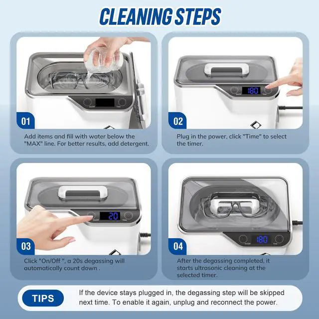 Alt view image 7 of 7 - Ultrasonic Jewelry Cleaner, Professional 45kHz Ultrasonic Cleaner Machine 20 Ounces (600ML) with Digital Timer, Watch Holder Ultrasonic Glasses Cleaner for Ring, Coin, Watch, Denture -White