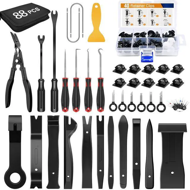 Main image of 88Pcs Trim Removal Tool, Auto Push Pin Bumper Retainer Clip Set Fastener Terminal Remover Tool Adhesive Cable Clips Removal Kit Car Panel Radio Removal Auto Clip Pliers, Black