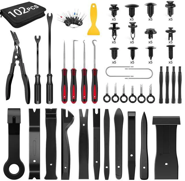Main image of 102Pcs Trim Removal Tool, Auto Push Pin Nylon Bumper Retainer Clip Set Fastener Terminal Remover Tool Round Handle Crowbar Kit Car/Radio Panel, Black