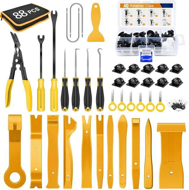 Main image of 88Pcs Trim Removal Tool, Auto Push Pin Bumper Retainer Clip Set Fastener Terminal Remover Tool Adhesive Cable Clips Removal Kit Car Panel Radio Removal Auto Clip Pliers, Yellow