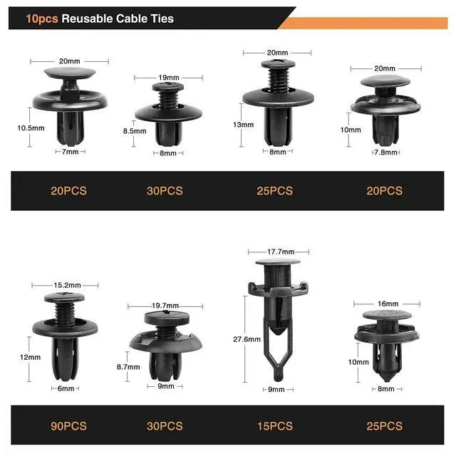 Alt view image 2 of 7 - 635Pcs Car Push Retainer Clips & Auto Fasteners Assortment -16 Most Popular Sizes Nylon Bumper Fender Rivets with 10 Cable Ties and Fasteners Remover for Toyota GM Ford Honda Acura Chrysler