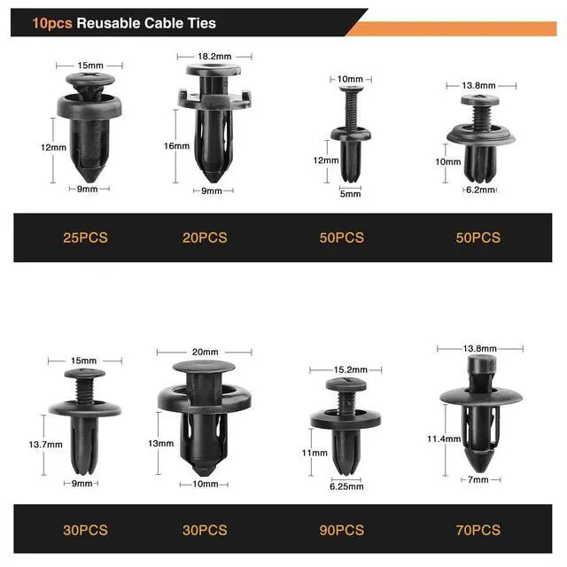 Alt view image 3 of 7 - 635Pcs Car Push Retainer Clips & Auto Fasteners Assortment -16 Most Popular Sizes Nylon Bumper Fender Rivets with 10 Cable Ties and Fasteners Remover for Toyota GM Ford Honda Acura Chrysler
