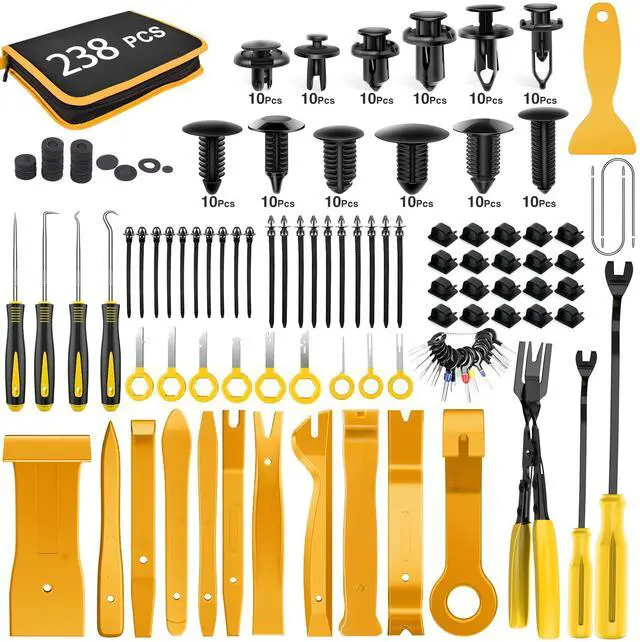 Main image of 238Pcs Trim Removal Tool, Auto Push Pin Bumper Retainer Clip Set Fastener Terminal Remover Tool Adhesive Cable Clips Kit Car Panel Radio Removal Auto Clip Pliers, Yellow