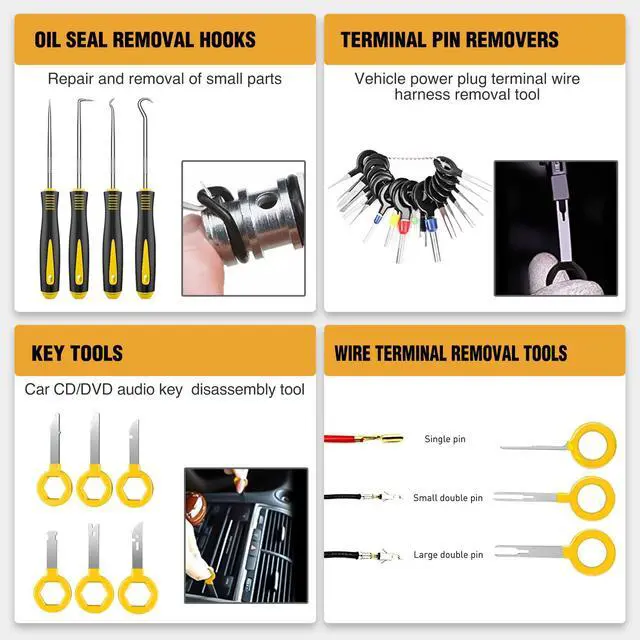 Alt view image 6 of 7 - 238Pcs Trim Removal Tool, Auto Push Pin Bumper Retainer Clip Set Fastener Terminal Remover Tool Adhesive Cable Clips Kit Car Panel Radio Removal Auto Clip Pliers, Yellow