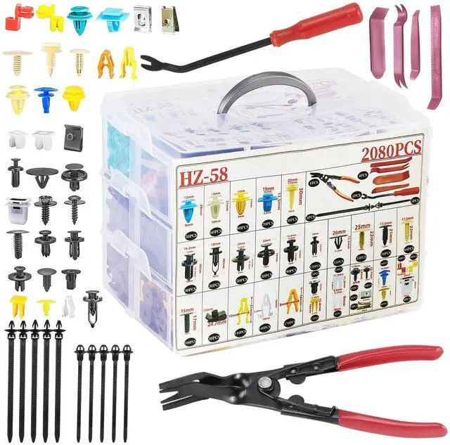 Main image of 2080Pcs Car Retainer Clips & Fasteners Kit 33 Universal Sizes Nylon Bumper, Fender Rivets, Door Panel Clips, and Plastic Rivets with 10 Cable Ties and Removal Tool for Toyota, Ford, Benz (2080pcs)