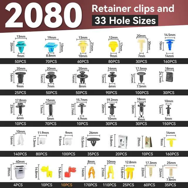 Alt view image 2 of 7 - 2080Pcs Car Retainer Clips & Fasteners Kit 33 Universal Sizes Nylon Bumper, Fender Rivets, Door Panel Clips, and Plastic Rivets with 10 Cable Ties and Removal Tool for Toyota, Ford, Benz (2080pcs)