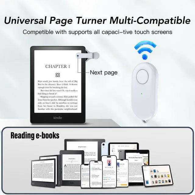 Alt view image 5 of 7 - Remote Control Page Turner for Kindle Paperwhite Oasis Kobo eReaders,Kindle Clicker Page Turner Accessories for iPhone,iPad, Android Tablets Reading Novels,Video Record&Shutter Selfie (Light White)
