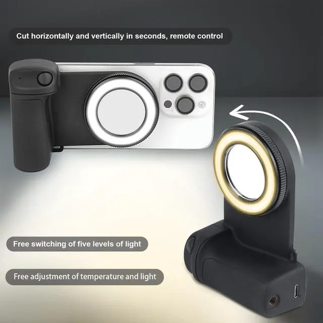 Alt view image 2 of 7 - Magnetic Phone Camera Grip with Selfie Fill Light, Smartphone Shooting Holder Selfie Handle Snap with Shutter Button Remote for iPhone 16 15 14 13 12 Pro Max Android Cellphone Vlog Video Photography