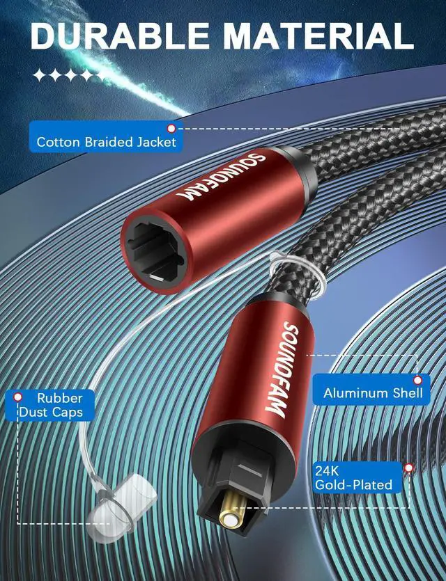 Alt view image 4 of 7 - Optical Extension Cable 6 Foot, TOSLINK Male to Female Cable for Home Theater Soundbar TV - Red