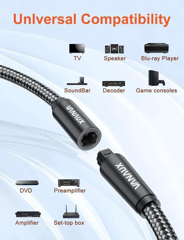 Alt view image 6 of 7 - Optical Extension Cable Digital Toslink Male to Female S/PDIF Cords Compatible with Home Theater, Sound Bar, TV, PS4, Xbox, PlayStation & More - Black (3.3ft/1m)