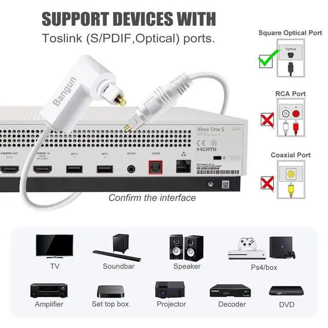 Alt view image 5 of 7 - White Optical Audio Cable 10ft, Slim 90 Degree Digital SPDIF Toslink Optical Cord, Right Angle Fiber Optic Audio Cable for Sound Bar/TV/PS4/Xbox/Home Theater
