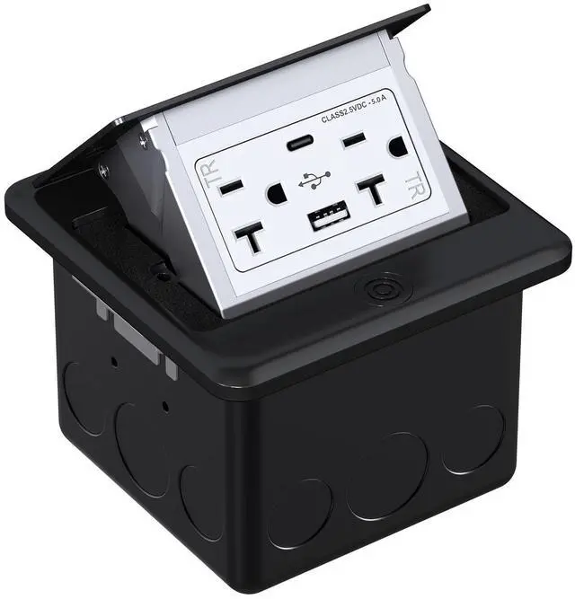 Main image of Pop Up Floor Outlet Box with 20 Amp Tamper-Resistant Type A & Type C USB 5V/5.0A Recepatacle Outlet, Corrosive Resistant Hardware, ETL Listed, Black