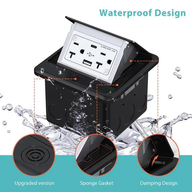 Alt view image 2 of 7 - Pop Up Floor Outlet Box with 20 Amp Tamper-Resistant Type A & Type C USB 5V/5.0A Recepatacle Outlet, Corrosive Resistant Hardware, ETL Listed, Black