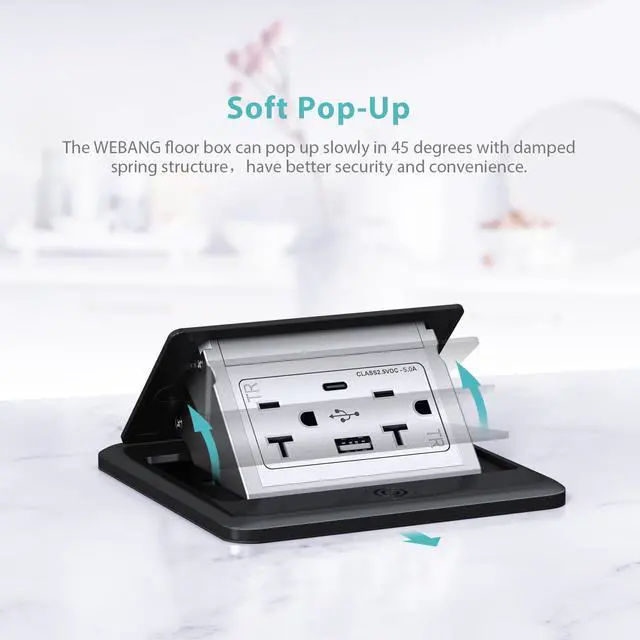 Alt view image 6 of 7 - Pop Up Floor Outlet Box with 20 Amp Tamper-Resistant Type A & Type C USB 5V/5.0A Recepatacle Outlet, Corrosive Resistant Hardware, ETL Listed, Black