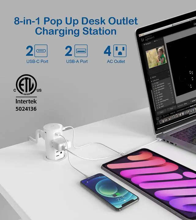 Alt view image 2 of 7 - 2.5 inch Hole Pop up Outlet for Countertop,20W USB C,4 USB Ports,4 Outlets 15Amp Tamper Resistant Receptacle Flush Mount,Space Saver Recessed Outlet,1875W,ETL Listed