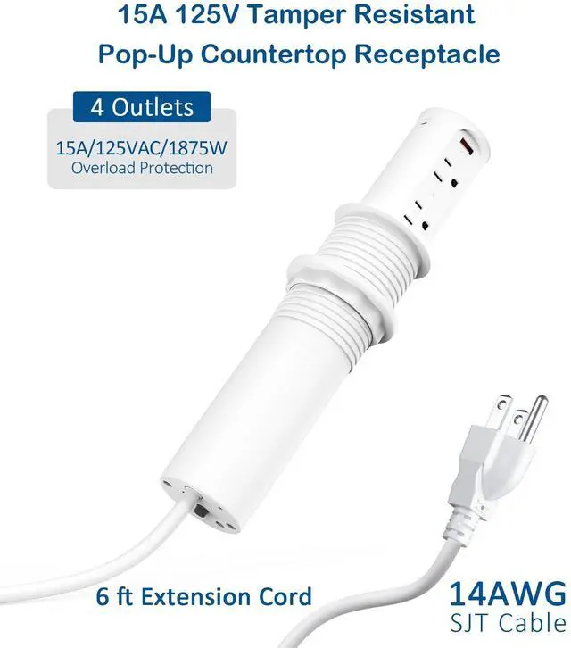 Alt view image 5 of 7 - 2.5 inch Hole Pop up Outlet for Countertop,20W USB C,4 USB Ports,4 Outlets 15Amp Tamper Resistant Receptacle Flush Mount,Space Saver Recessed Outlet,1875W,ETL Listed