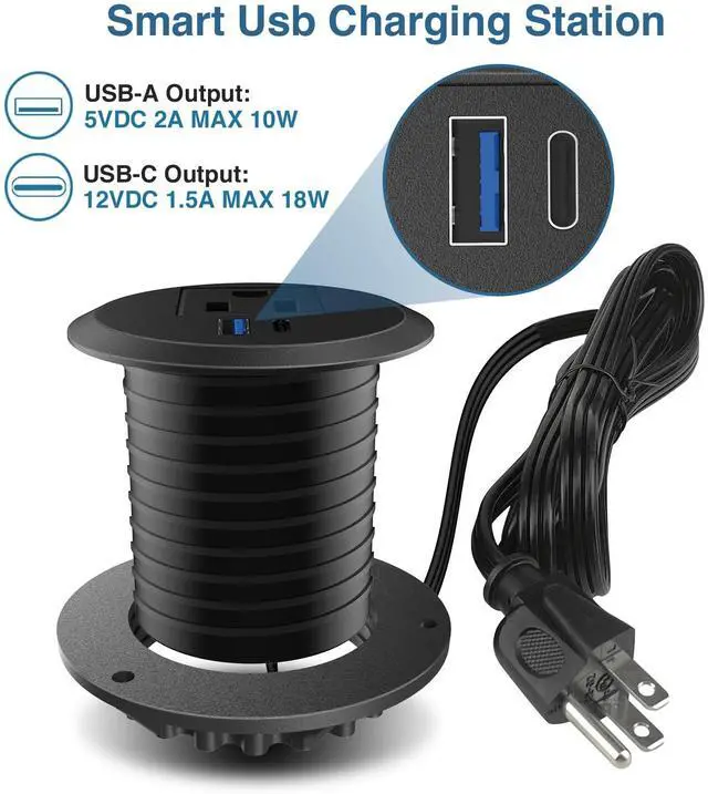 Alt view image 2 of 7 - Desktop Power Grommet, 2inch Desktop Power Grommet Outlet, Recessed Power Strip Outlet with 1 USB and 1 Type-C, 20W PD Fast Charge for Desk, Kitchen, Office, Home, Hotel and More