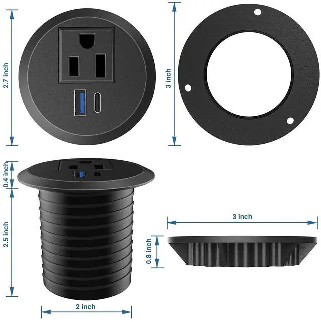 Alt view image 3 of 7 - Desktop Power Grommet, 2inch Desktop Power Grommet Outlet, Recessed Power Strip Outlet with 1 USB and 1 Type-C, 20W PD Fast Charge for Desk, Kitchen, Office, Home, Hotel and More