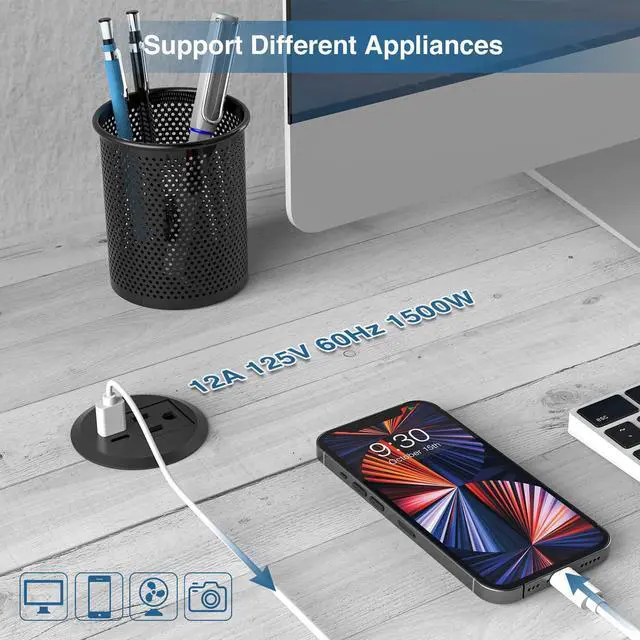 Alt view image 5 of 7 - Desktop Power Grommet, 2inch Desktop Power Grommet Outlet, Recessed Power Strip Outlet with 1 USB and 1 Type-C, 20W PD Fast Charge for Desk, Kitchen, Office, Home, Hotel and More