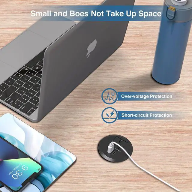 Alt view image 6 of 7 - Desktop Power Grommet, 2inch Desktop Power Grommet Outlet, Recessed Power Strip Outlet with 1 USB and 1 Type-C, 20W PD Fast Charge for Desk, Kitchen, Office, Home, Hotel and More