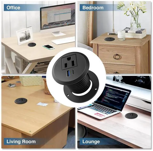 Alt view image 7 of 7 - Desktop Power Grommet, 2inch Desktop Power Grommet Outlet, Recessed Power Strip Outlet with 1 USB and 1 Type-C, 20W PD Fast Charge for Desk, Kitchen, Office, Home, Hotel and More