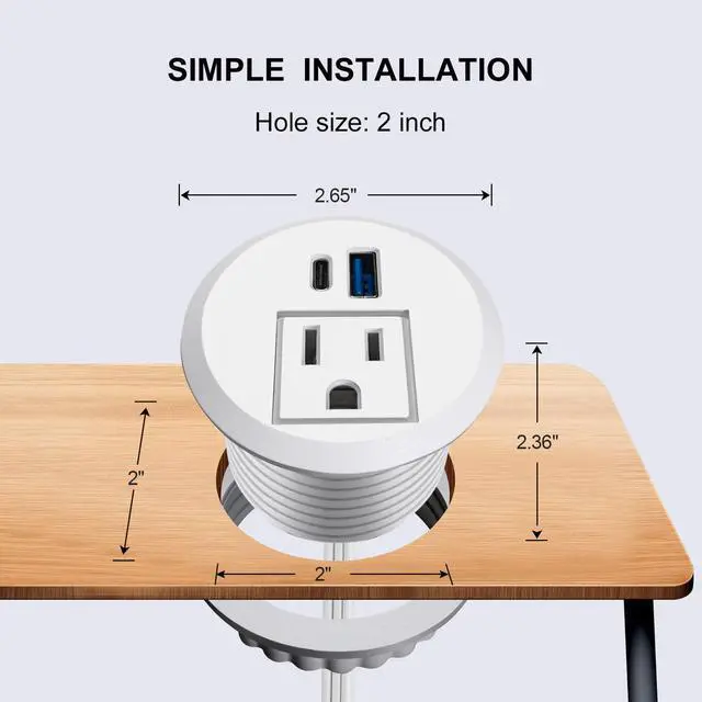 Alt view image 2 of 5 - 2 inch Desktop Power Grommet with 20W USB-C, Fast Charge Recessed Desk Outlet for Conference Countertop Cabinet Nightstand Furniture, 6.5FT Extension Cord, 45°Flat Plug, ETL Listed