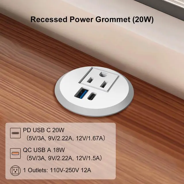 Alt view image 3 of 5 - 2 inch Desktop Power Grommet with 20W USB-C, Fast Charge Recessed Desk Outlet for Conference Countertop Cabinet Nightstand Furniture, 6.5FT Extension Cord, 45°Flat Plug, ETL Listed
