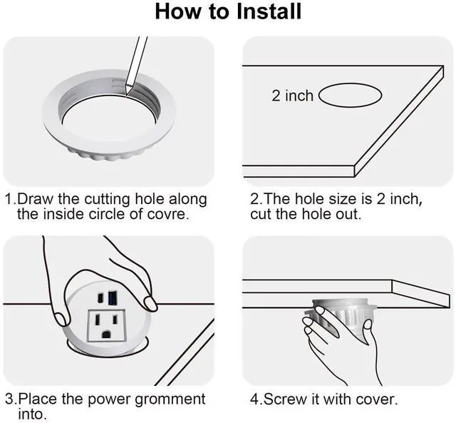 Alt view image 5 of 6 - 20W USB-C Fast Charge Recessed Power Grommet, 2 inch Flush Mount Desk Outlet with 6.5 FT Extension Cord, Space-Saving Countertop Power Strip for Home Office School Hotel