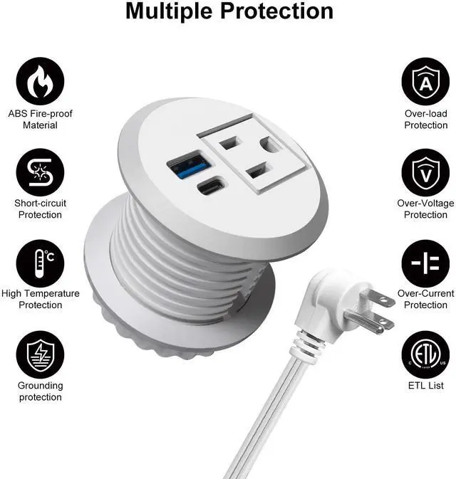 Alt view image 4 of 5 - 2 inch Desktop Power Grommet with 20W USB-C, Fast Charge Recessed Desk Outlet for Conference Countertop Cabinet Nightstand Furniture, 6.5FT Extension Cord, 45°Flat Plug, ETL Listed