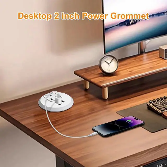 Alt view image 6 of 6 - 20W USB-C Fast Charge Recessed Power Grommet, 2 inch Flush Mount Desk Outlet with 6.5 FT Extension Cord, Space-Saving Countertop Power Strip for Home Office School Hotel