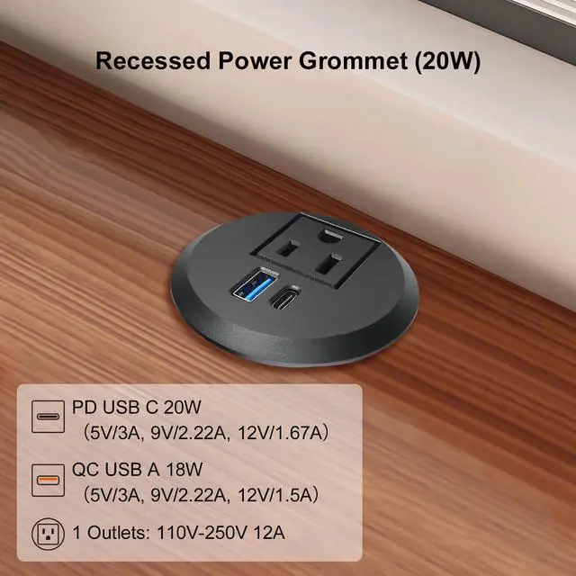 Alt view image 3 of 6 - 2 inch Desktop Power Grommet with 20W USB-C, Fast Charge Recessed Desk Outlet for Conference Countertop Cabinet Nightstand Furniture, 6.5FT Extension Cord, 45°Flat Plug, ETL Listed