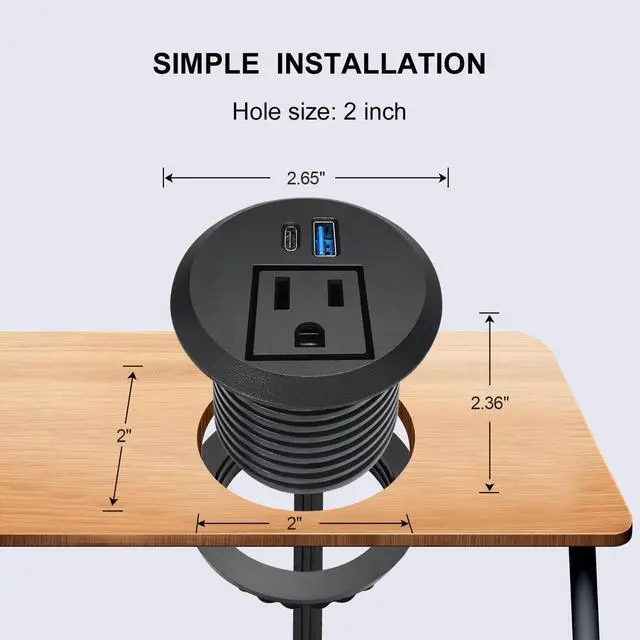 Alt view image 2 of 6 - 2 inch Desktop Power Grommet with 20W USB-C, Fast Charge Recessed Desk Outlet for Conference Countertop Cabinet Nightstand Furniture, 6.5FT Extension Cord, 45°Flat Plug, ETL Listed