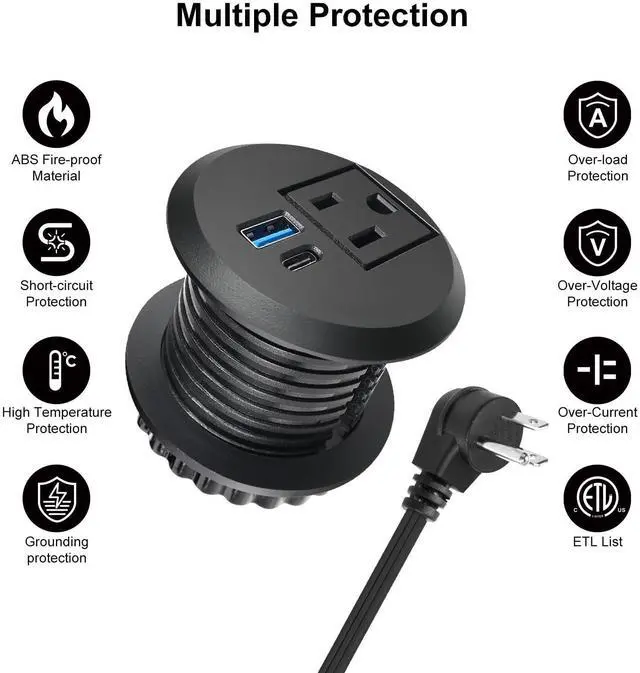 Alt view image 4 of 6 - 2 inch Desktop Power Grommet with 20W USB-C, Fast Charge Recessed Desk Outlet for Conference Countertop Cabinet Nightstand Furniture, 6.5FT Extension Cord, 45°Flat Plug, ETL Listed
